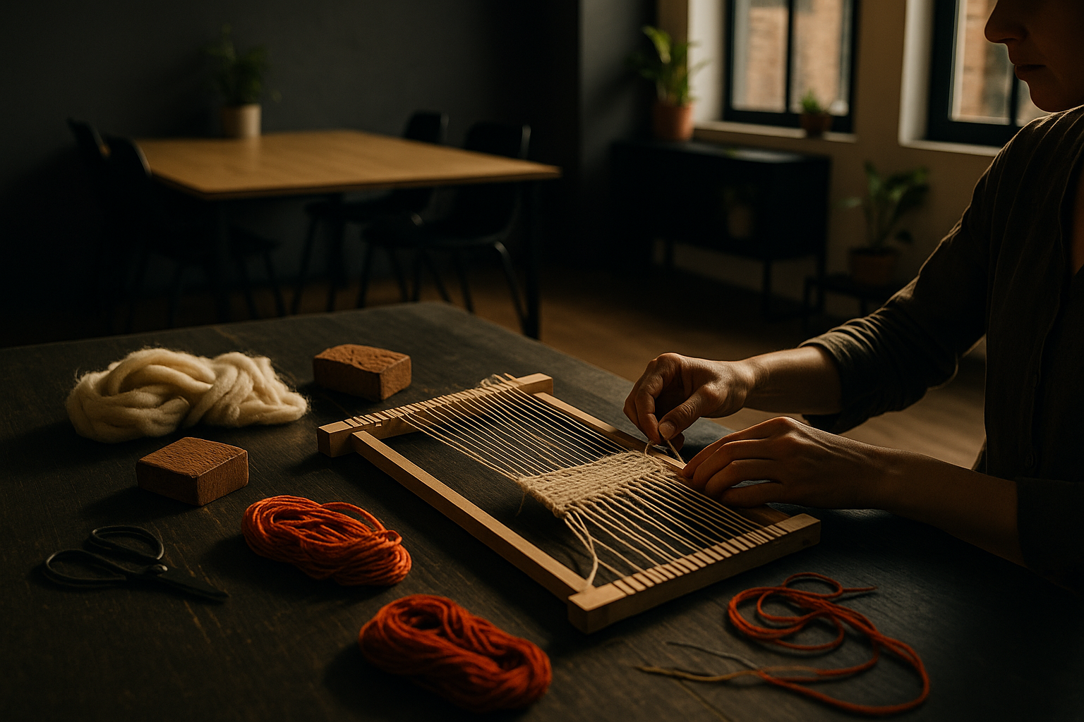 Artisan weaving fibers beside tools in a modern, sunlit co-working loft with natural decor.