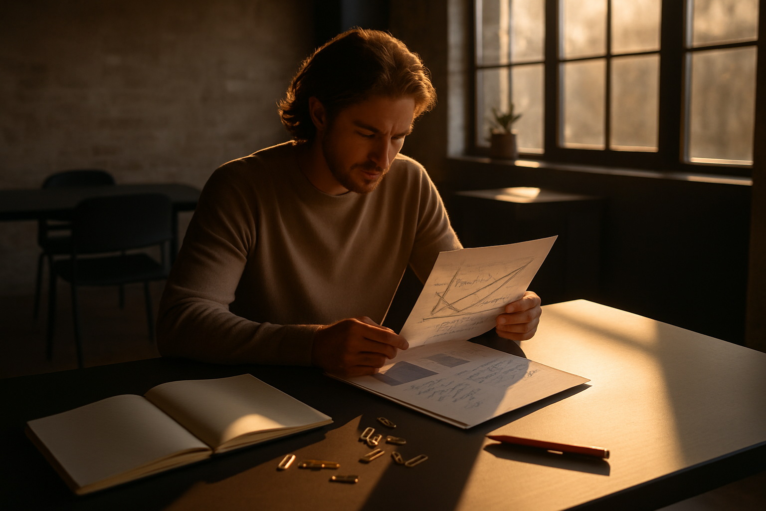 Bright loft workspace with notebooks, charts, and a person analyzing data in warm light.