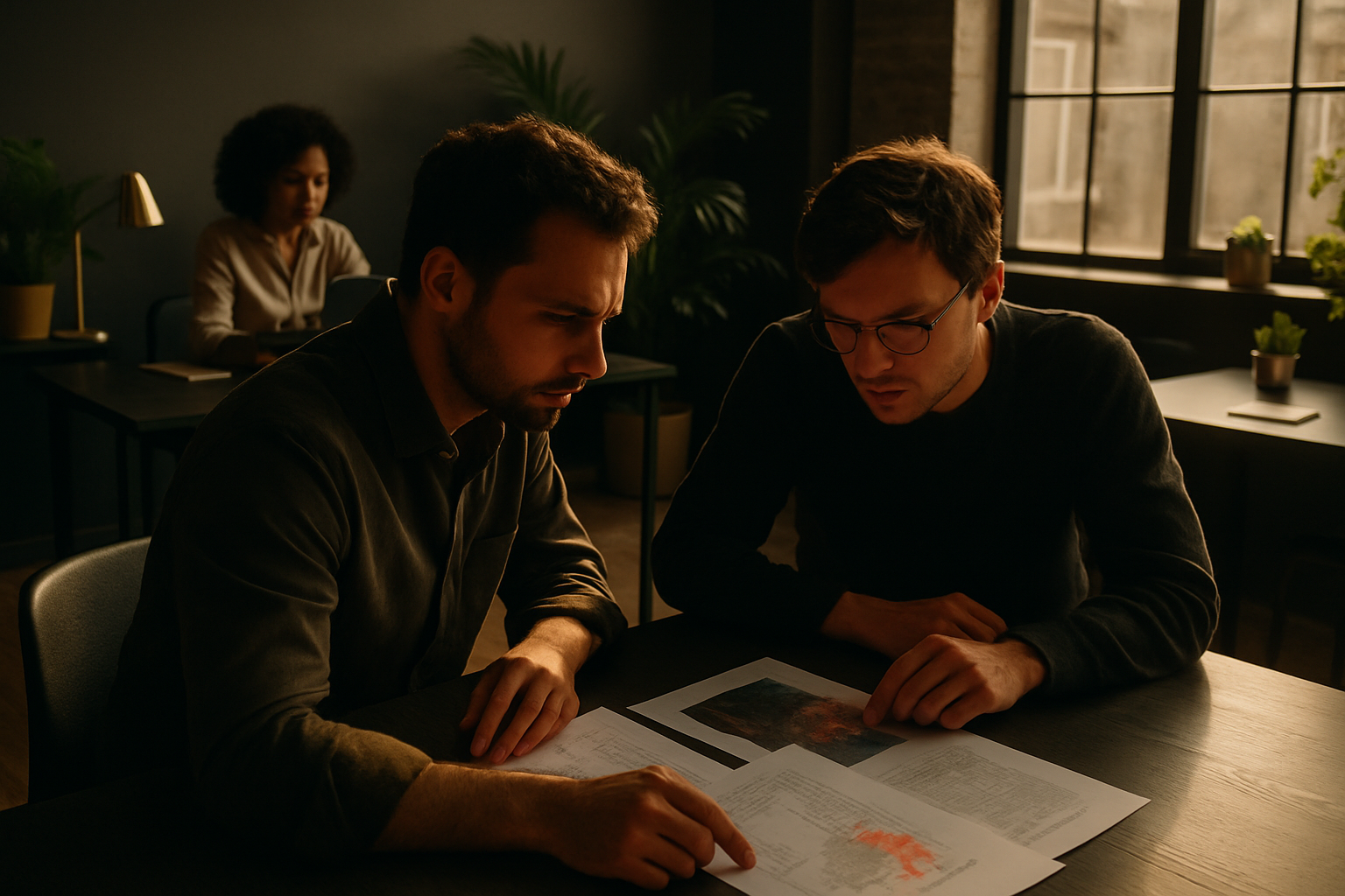 Candid co-working loft with focused people amid digital maps and code, warm lighting, and modern decor.