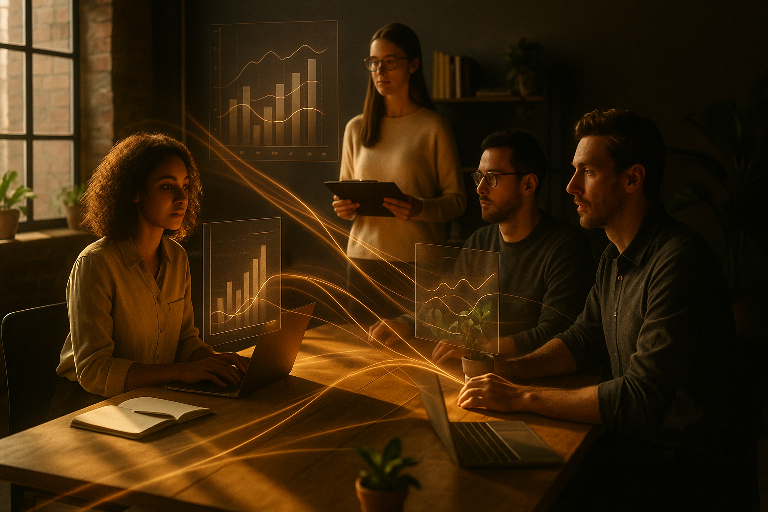 Candid co-working loft with people viewing translucent charts and glowing data streams.