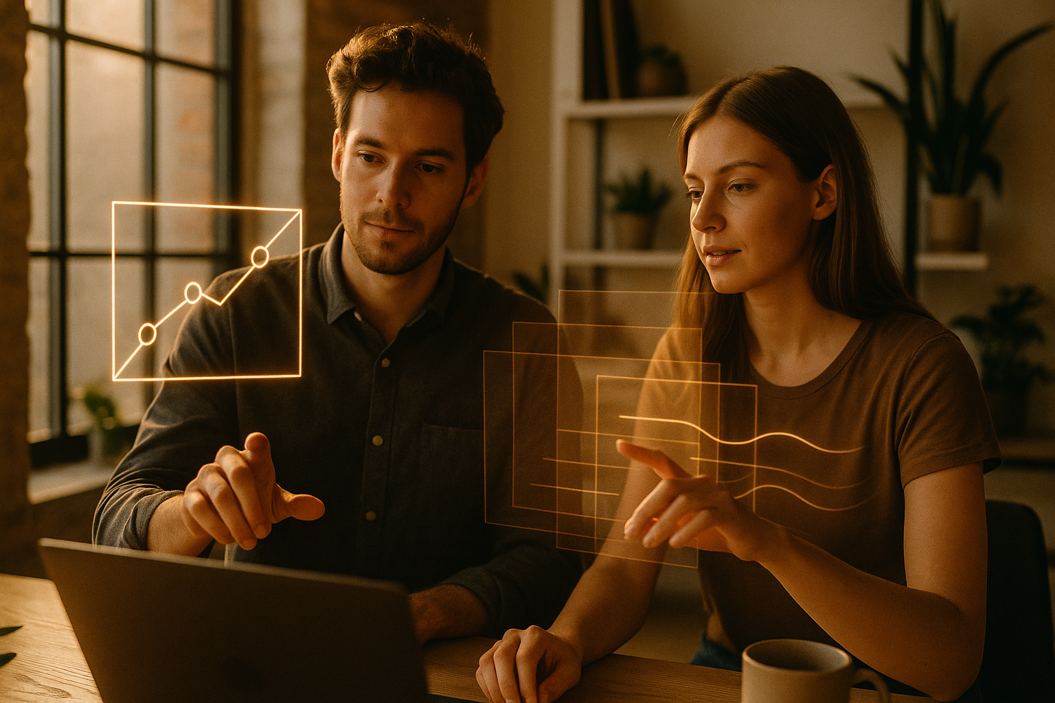 Candid co-working scene with hands and glowing geometric data streams in warm, modern loft.