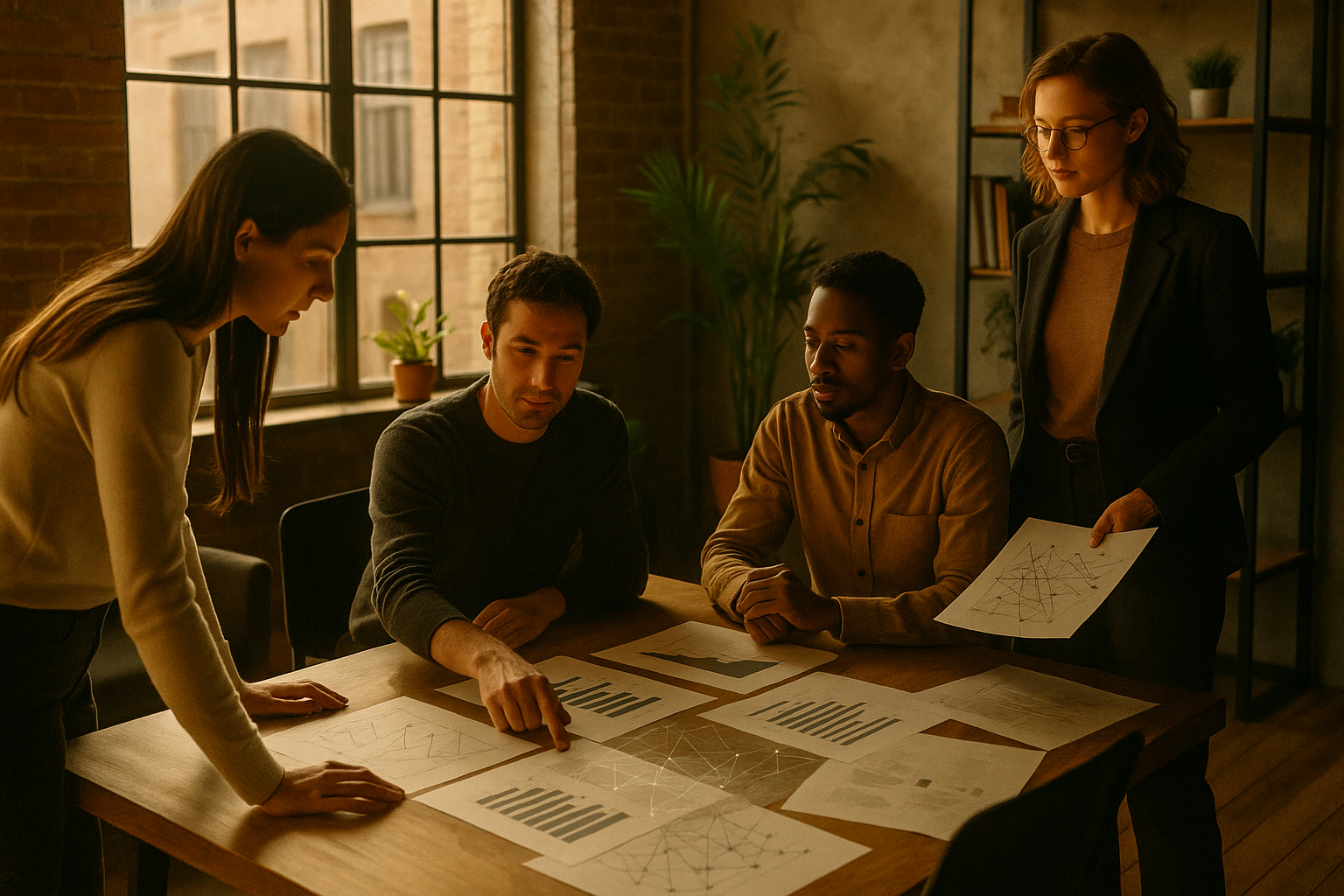 Candid co-working scene with people collaborating amid charts, papers, and data overlays in warm, modern loft.
