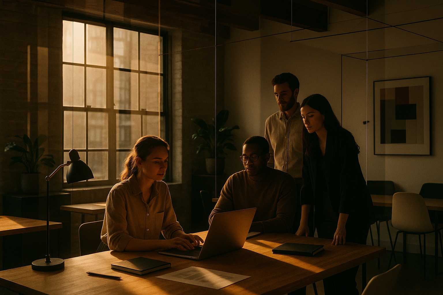Candid group collaborating in a modern loft with warm wood, minimalist furnishings, and natural light.