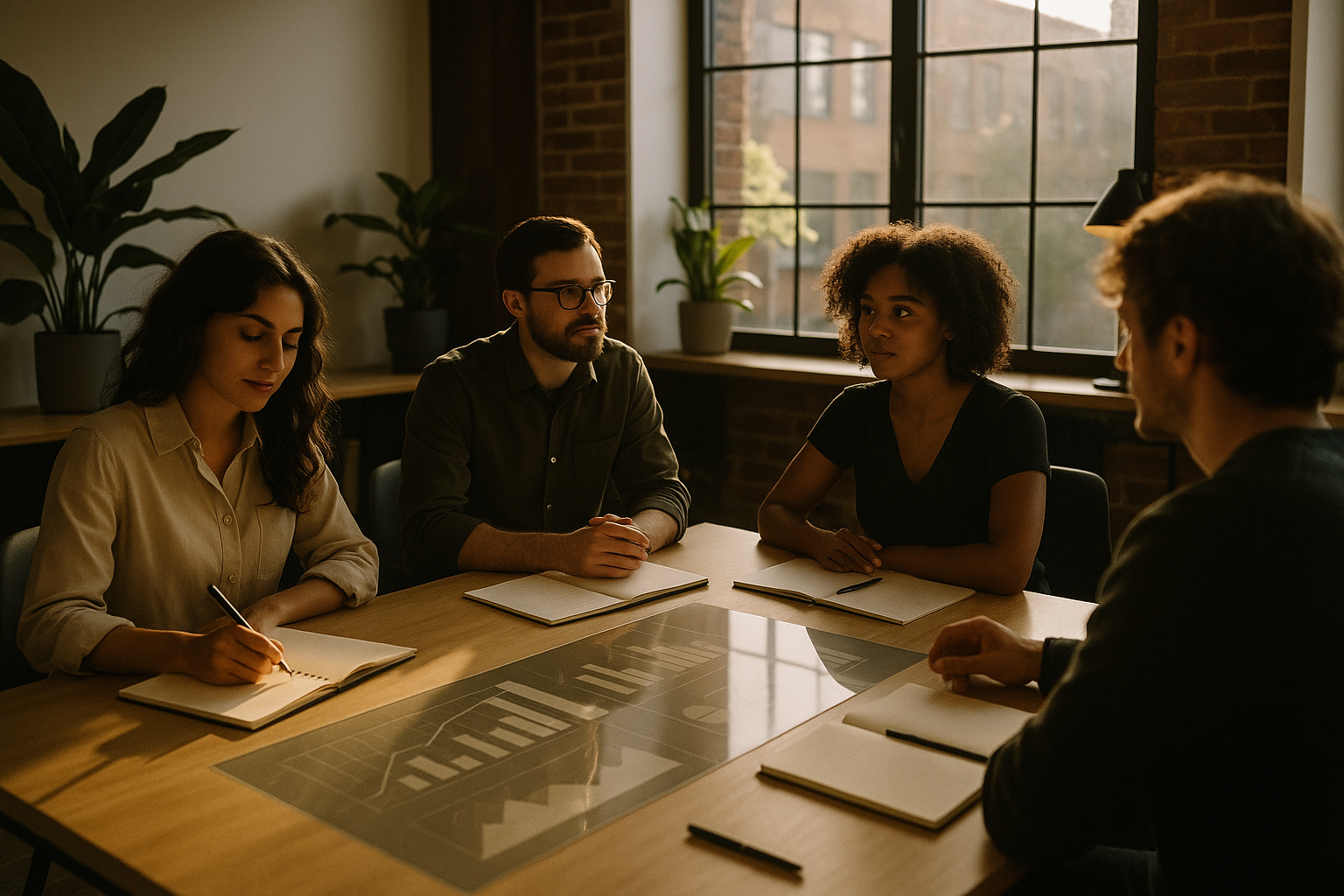 Candid group discussing data and charts in a modern loft with natural light and warm tones.