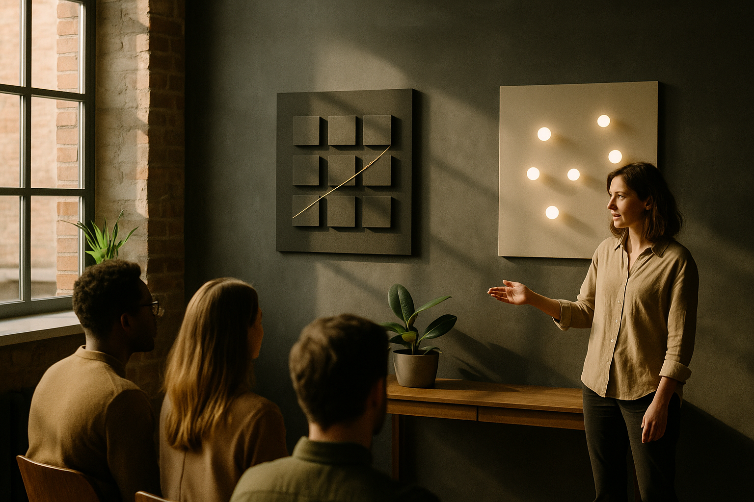 Candid group in a modern loft with contrasting gold thread and glowing orbs symbolizing strategic balance.