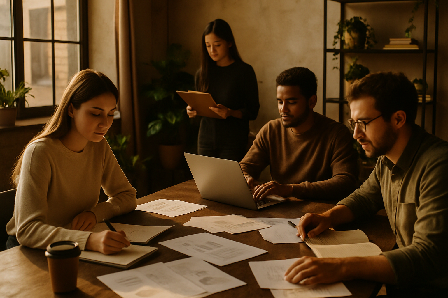 Candid group in modern loft with notebooks, charts, plants, highlighting coordination and planning.