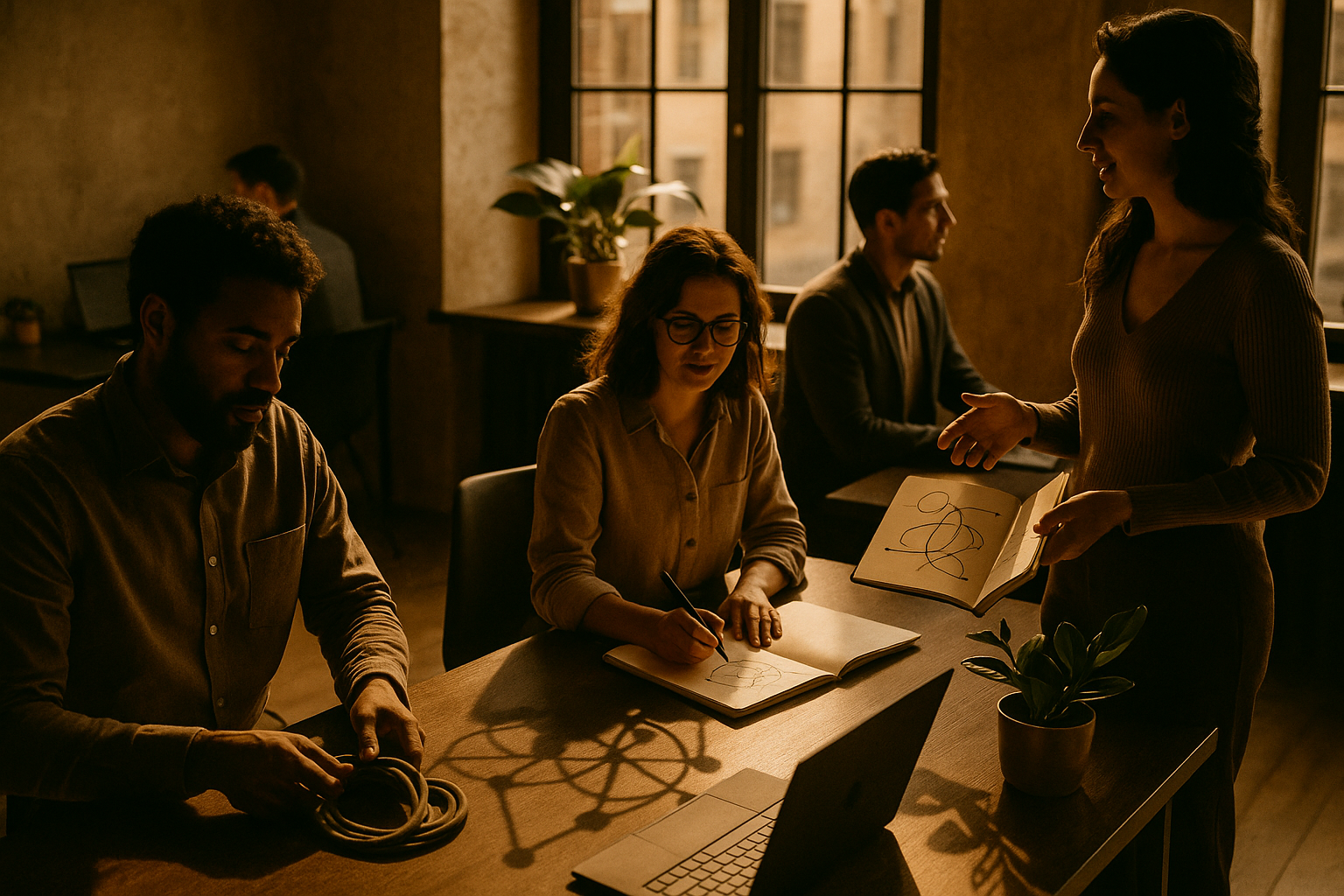 Candid group of focused people in a modern loft with symbols of flow and connection.