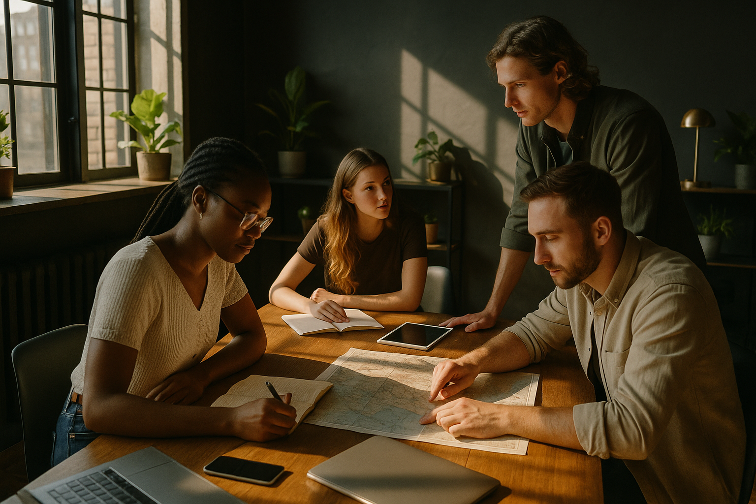 Candid group of people collaborating in a modern loft with notebooks, maps, and tech devices.