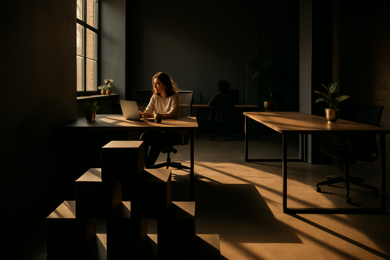 Candid loft interior with geometric shadows, warm tones, natural wood, and green accents.
