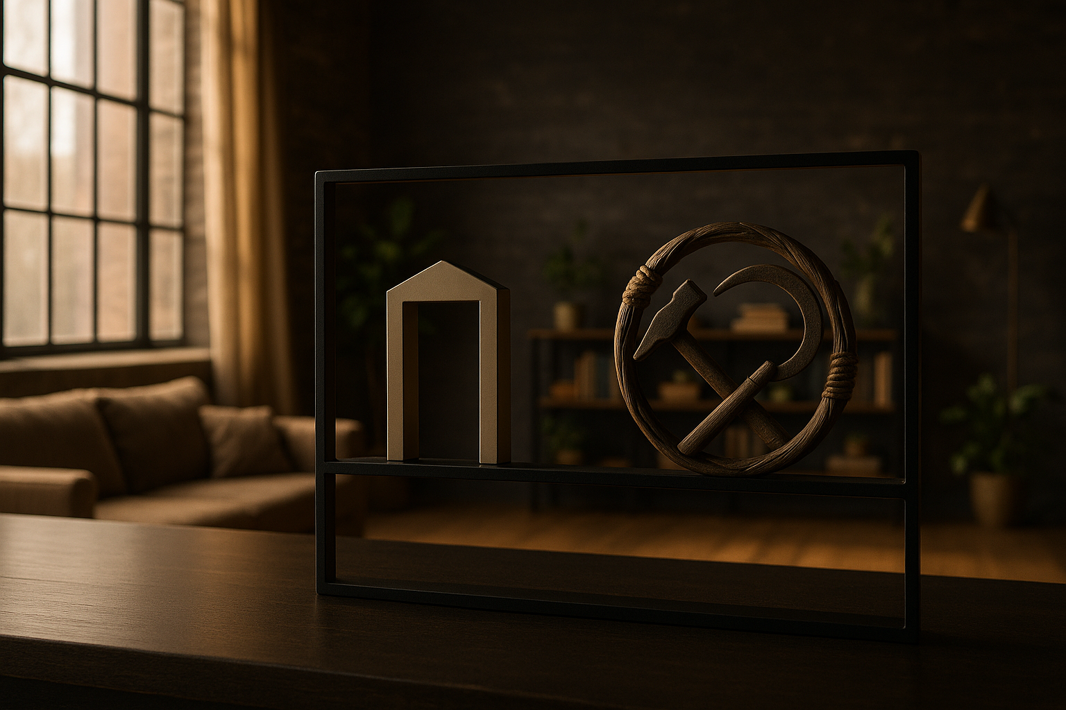 Candid loft scene with contrasting symbolic structures and organic tools in warm, natural light.