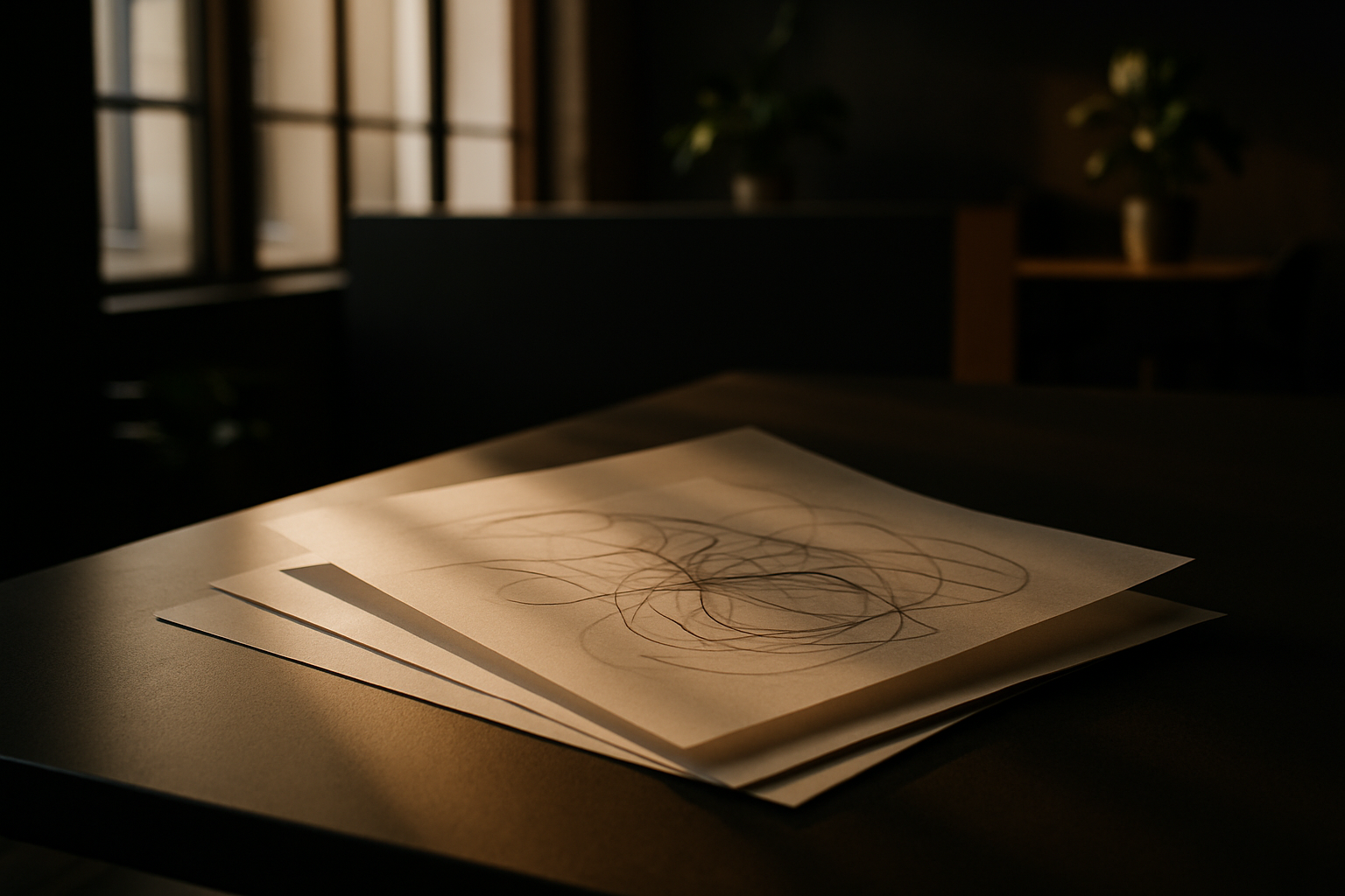 Candid loft scene with layered paper, threads over minimalist desk in warm, earthy tones.