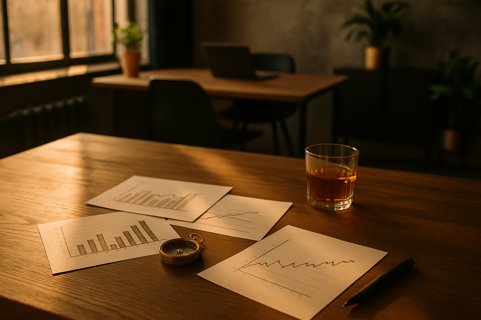Candid loft scene with papers, brass compass, glass of amber, and black pen on wooden desk