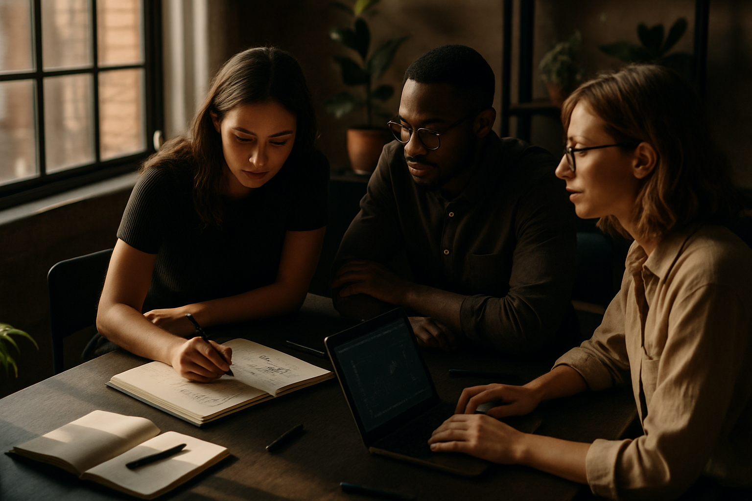Candid loft scene with professionals collaborating amid notebooks, screens, and minimalist decor.