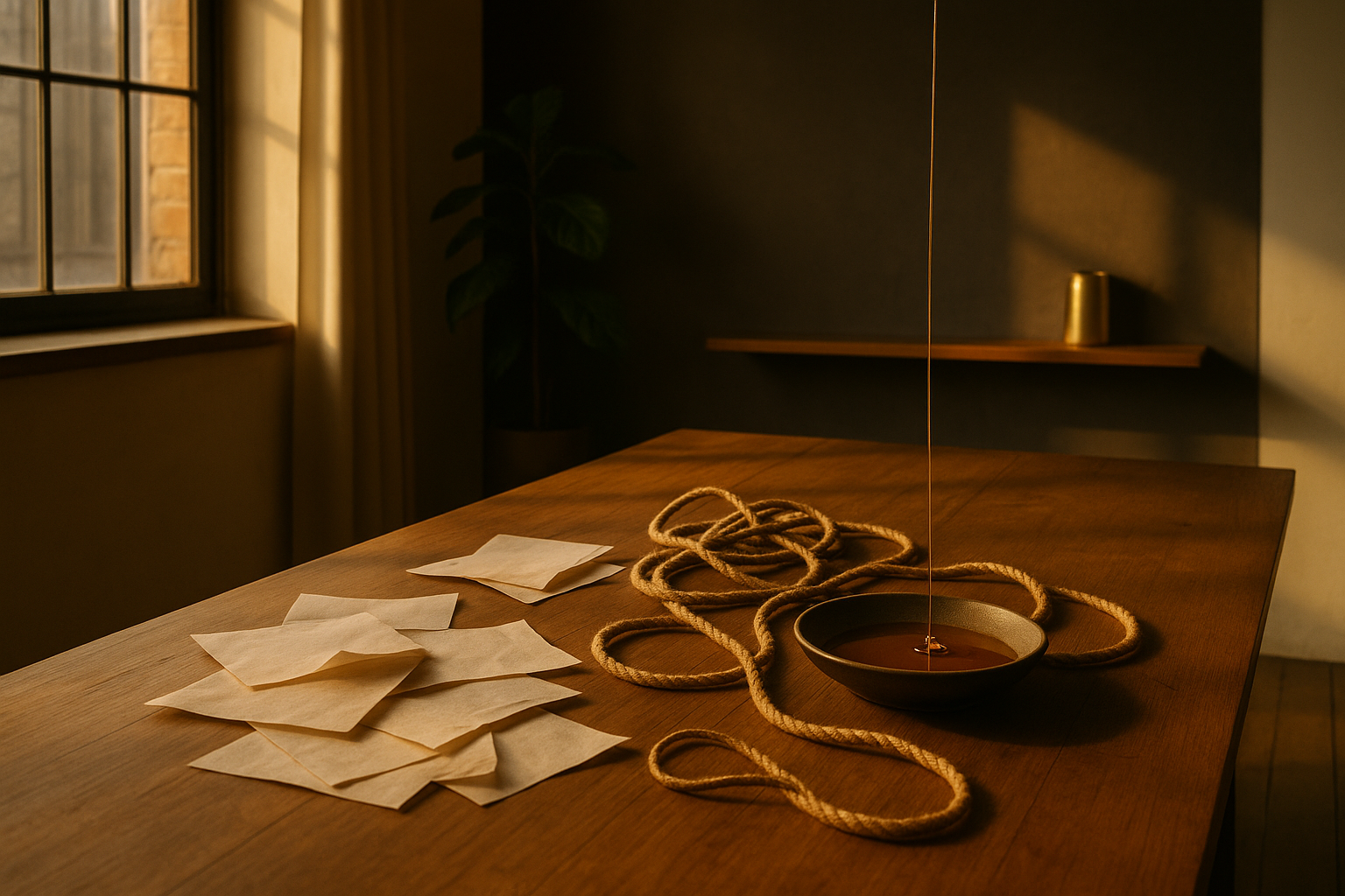 Candid loft scene with scattered papers, tangled ropes, honey, natural light, and minimalist decor.