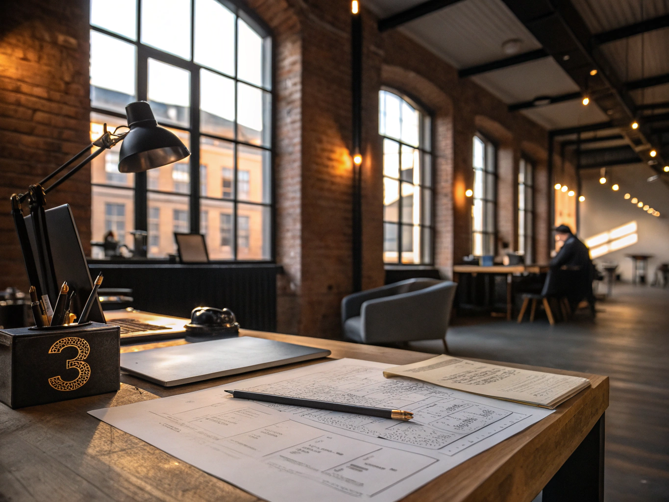Candid loft scene with translucent papers, mechanical pencil, gold accents, warm lighting, and modern decor.