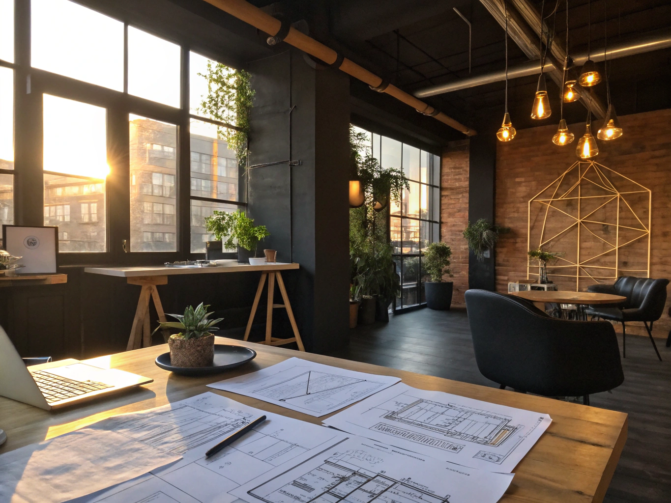 Candid loft workspace with blueprints, gold threads, geometric shapes, and warm natural lighting.