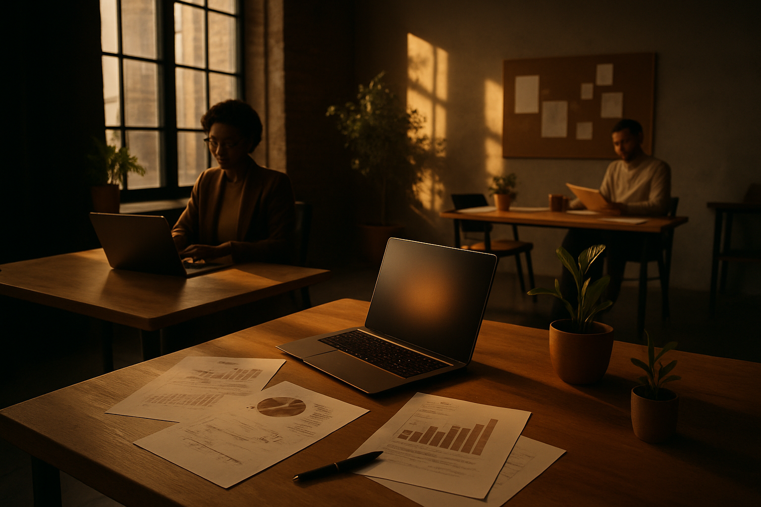 Candid loft workspace with papers, laptop, green plants, warm lighting, and gold accents.