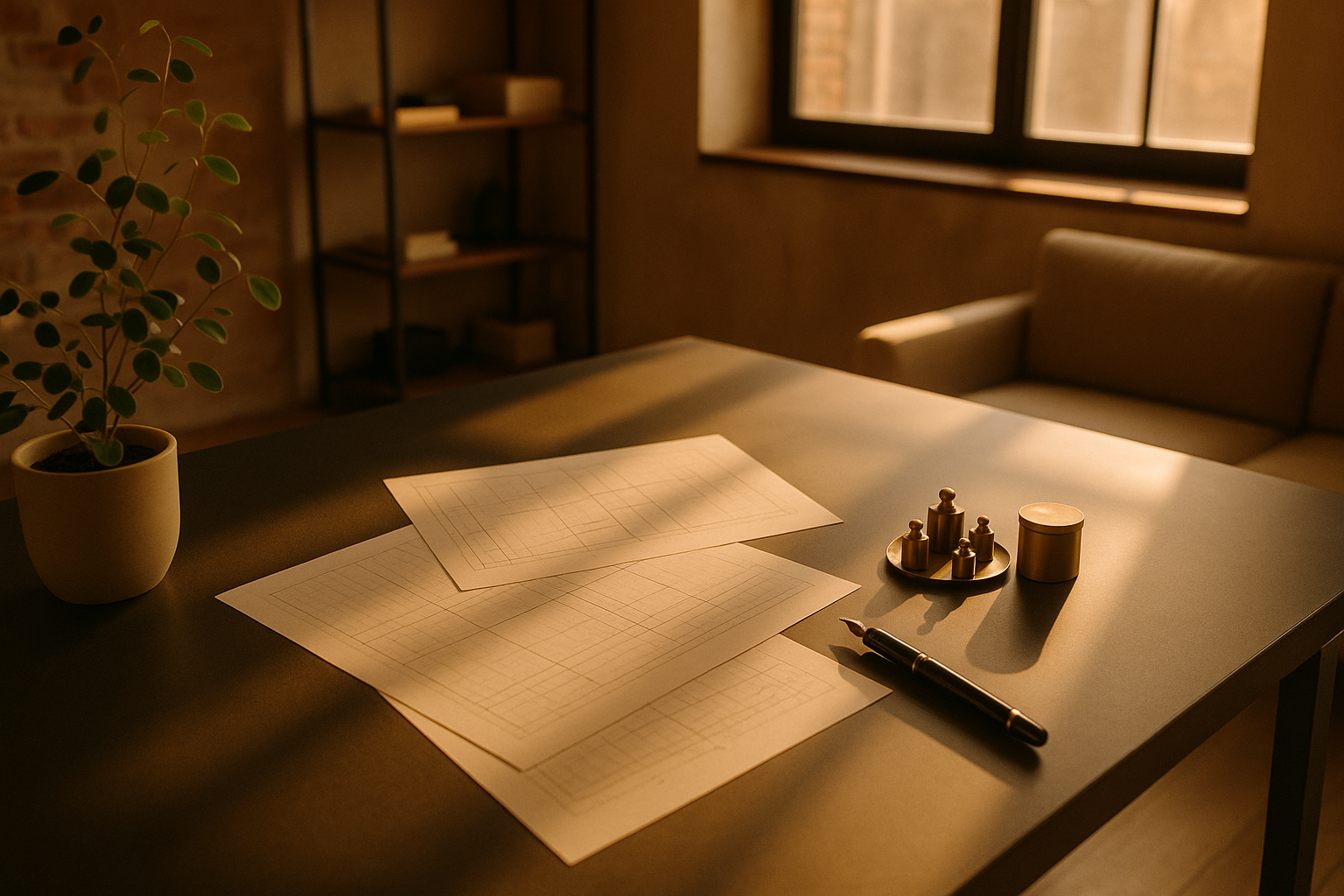 Candid scene of graph papers, pen, weights, and tools on a charcoal desk in a modern loft.