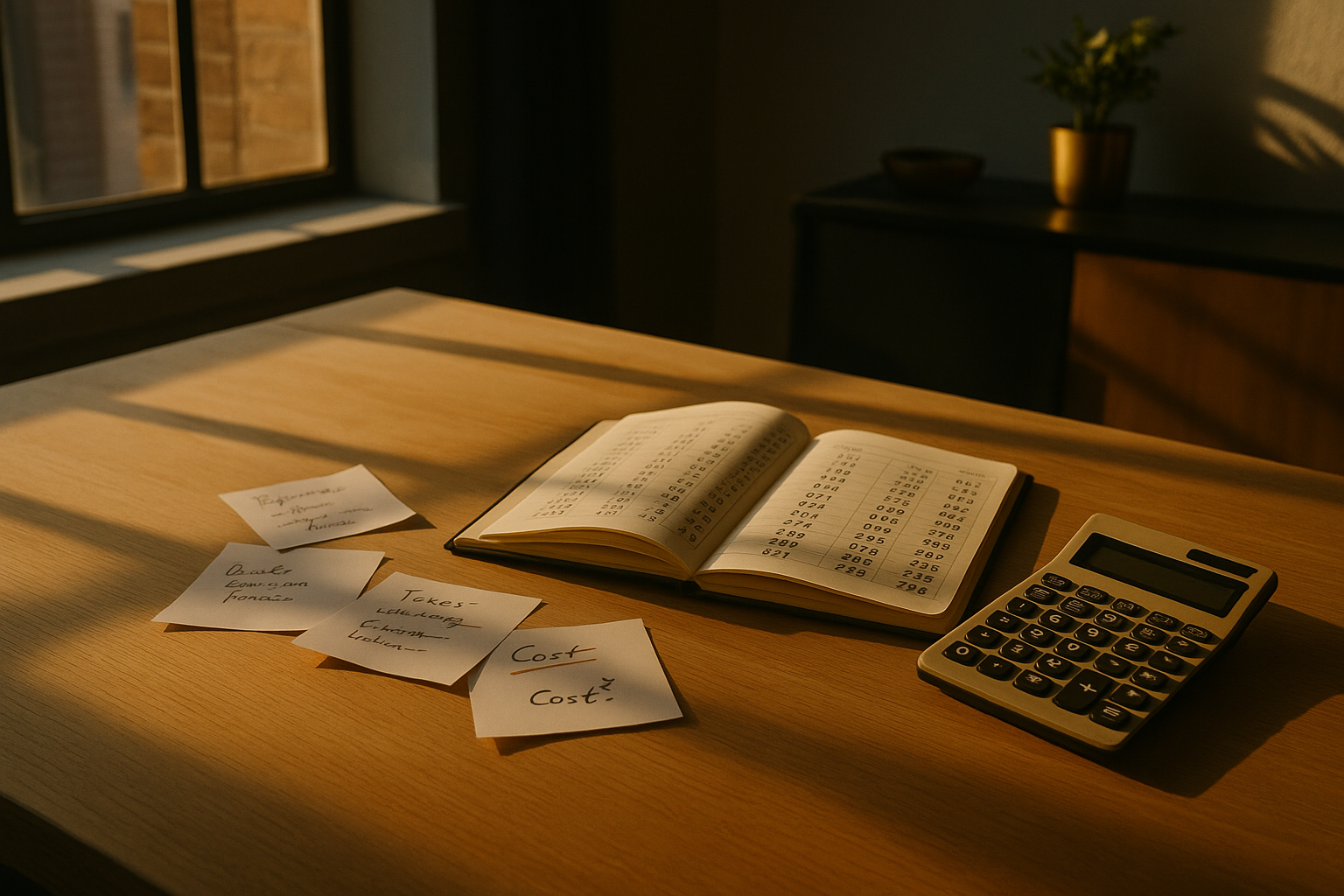 Candid scene of handwritten notes, ledger, calculator, and ink marks in modern loft setting