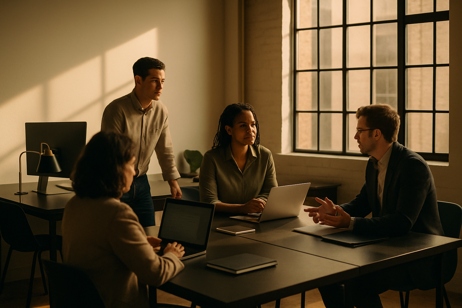 Candid scene of professionals collaborating in a modern, minimalist co-working loft with warm natural light.