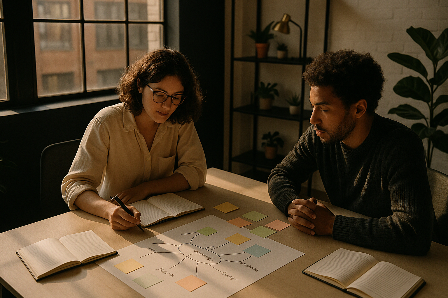 Candid team collaboration in a modern loft with notebooks, index cards, and flowing ideas.