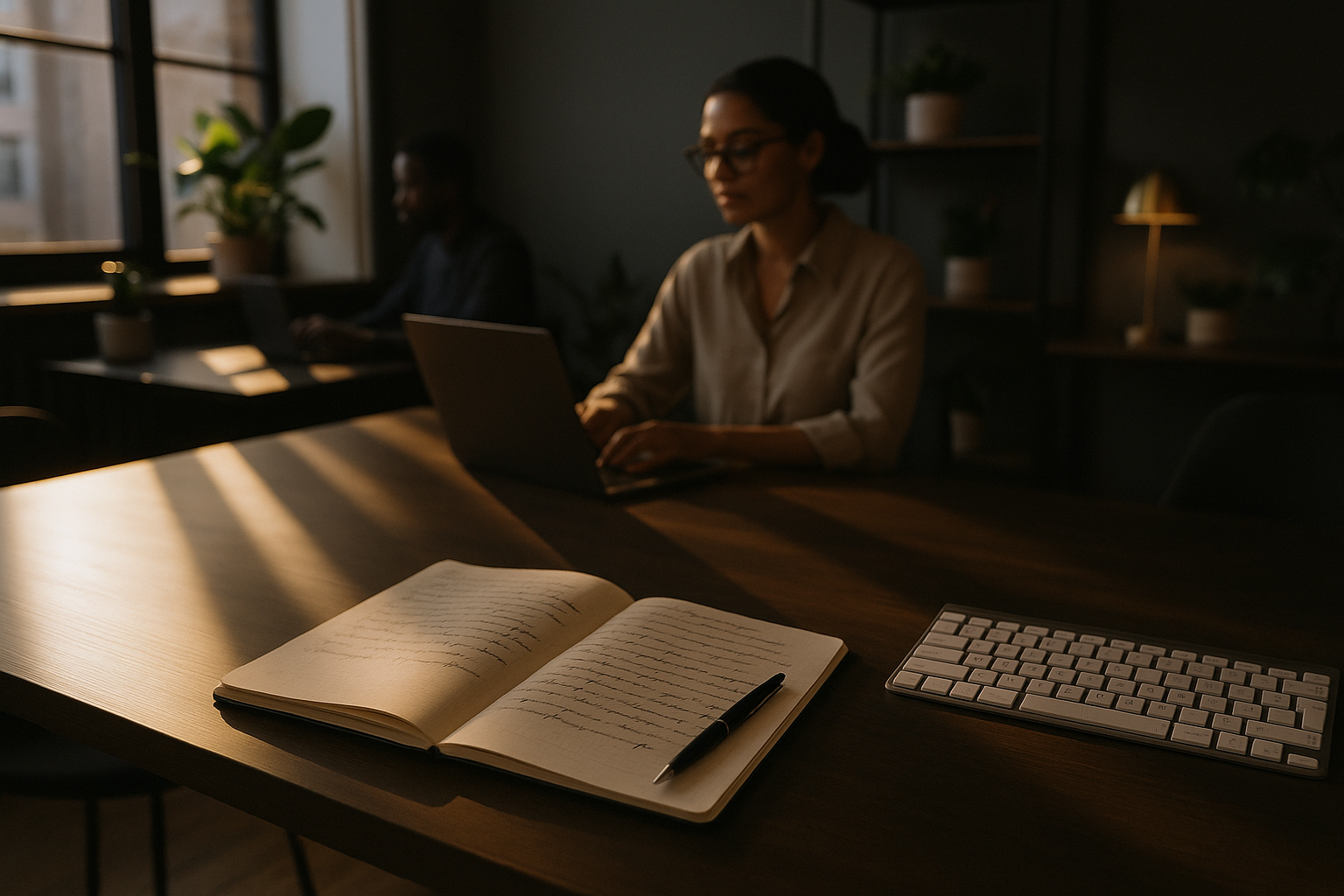 Candid workspace scene with notebook, pen, keyboard, sunlight, and modern loft decor.