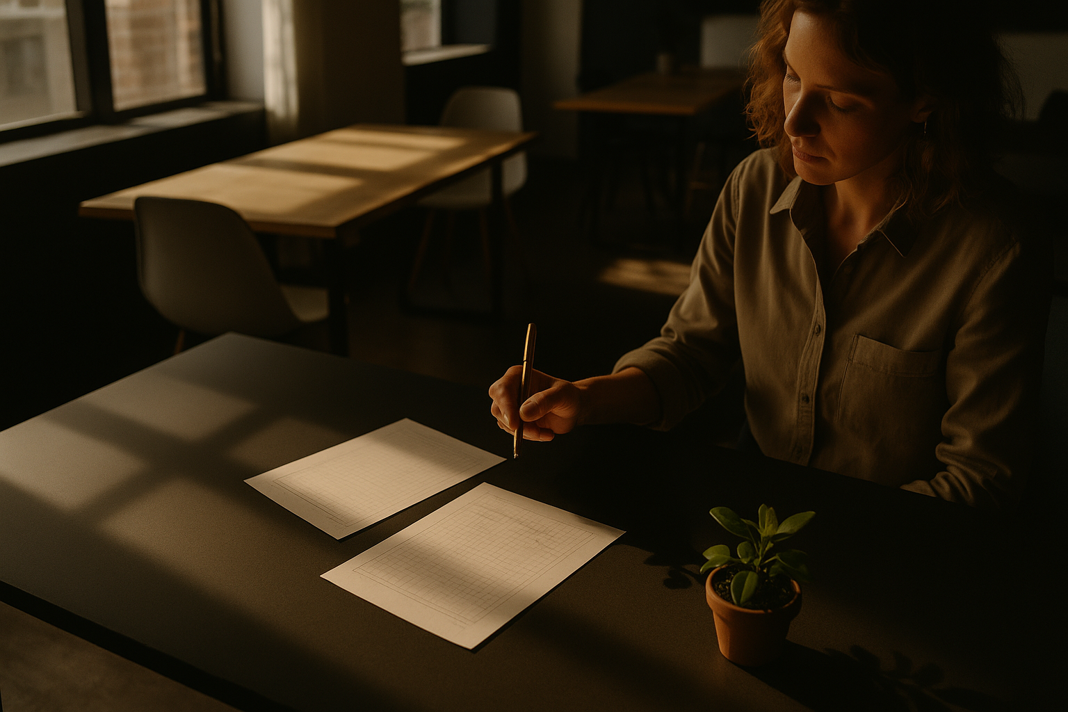 Candid workspace with graph paper, gold pen, and green plant in warm, modern loft lighting