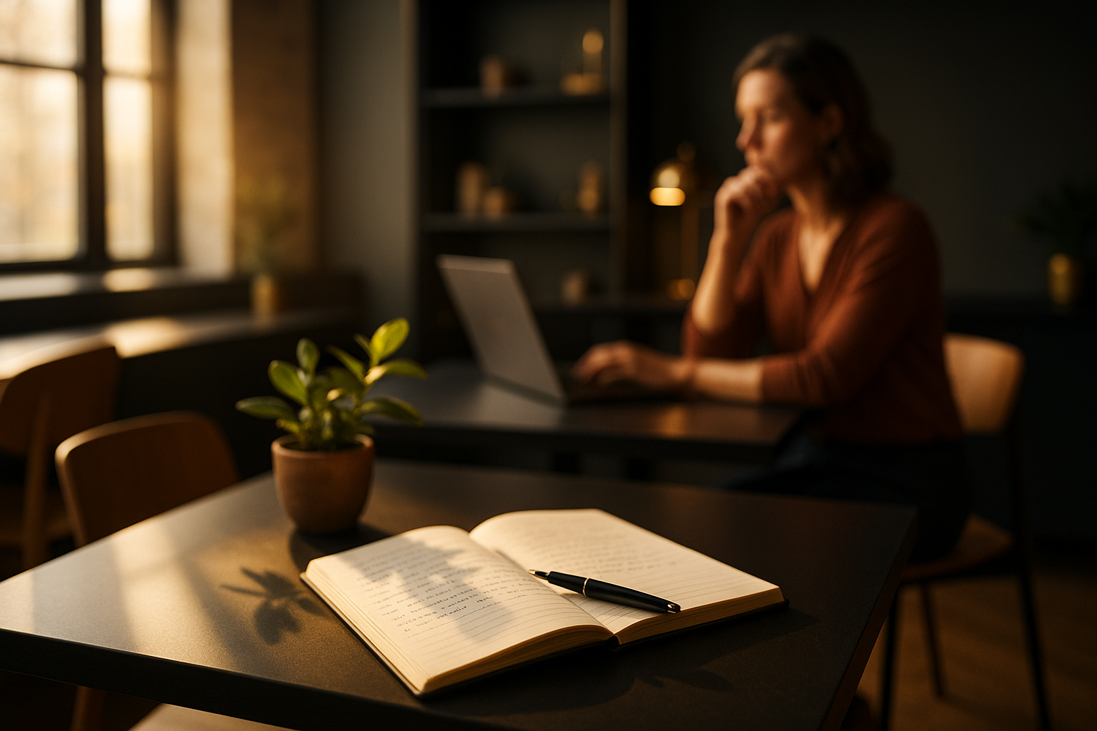 Candid workspace with notebook, fountain pen, green plant, blurred figure in warm, modern loft