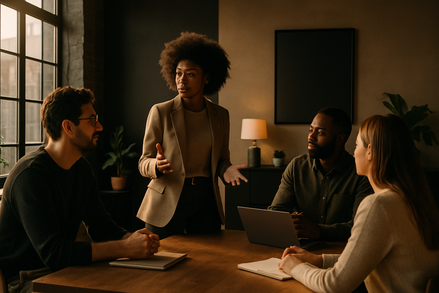 Diverse entrepreneurs engaging in conversation in a modern loft with warm lighting and green plants.