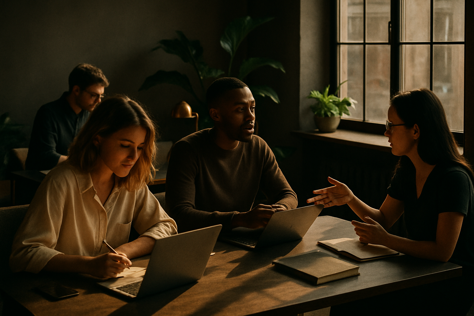 Diverse group collaborating in a modern loft with plants, notebooks, and glowing screens.