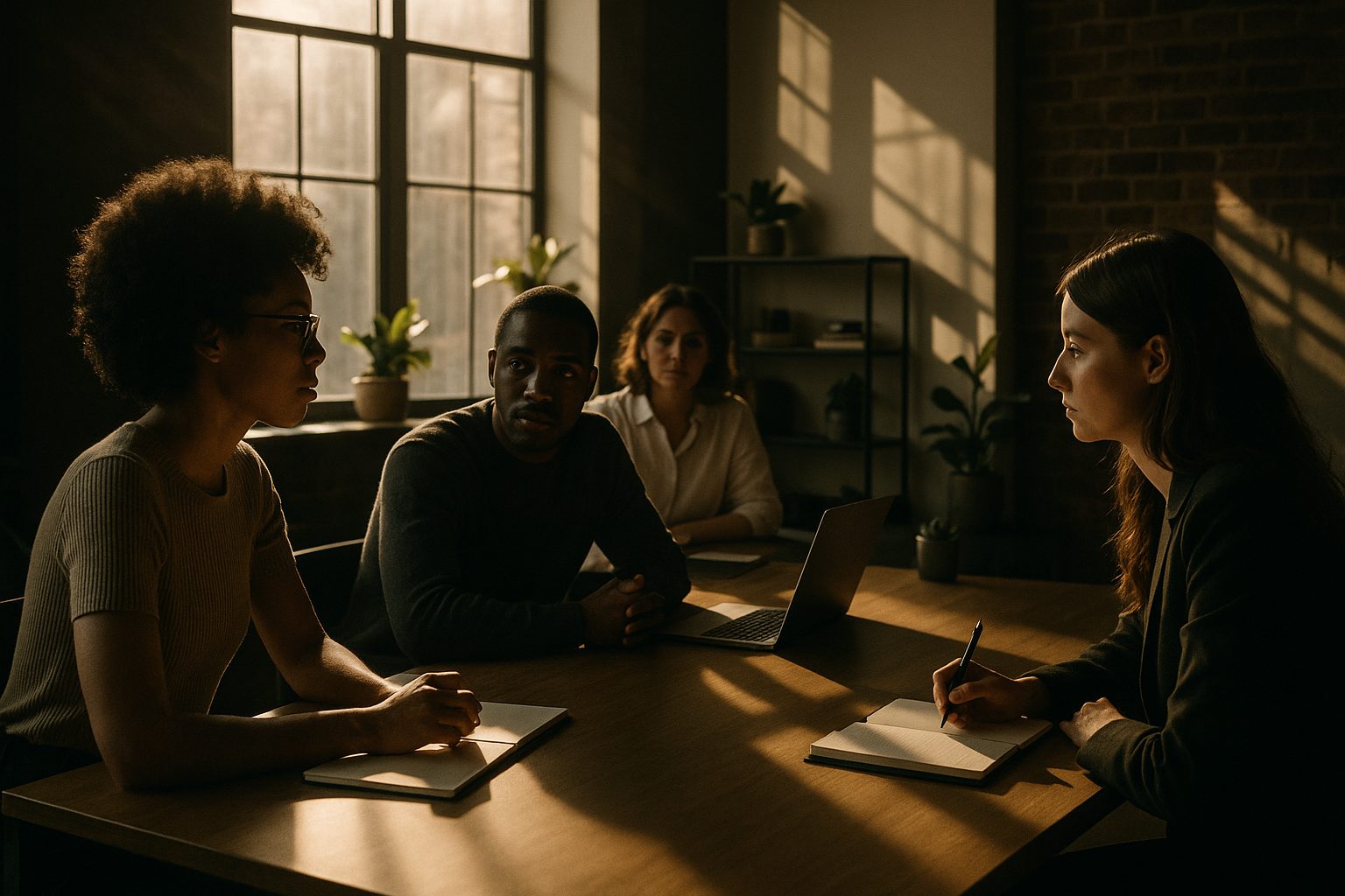 Diverse group collaborating in modern loft with warm lighting, natural materials, and abstract shadows.