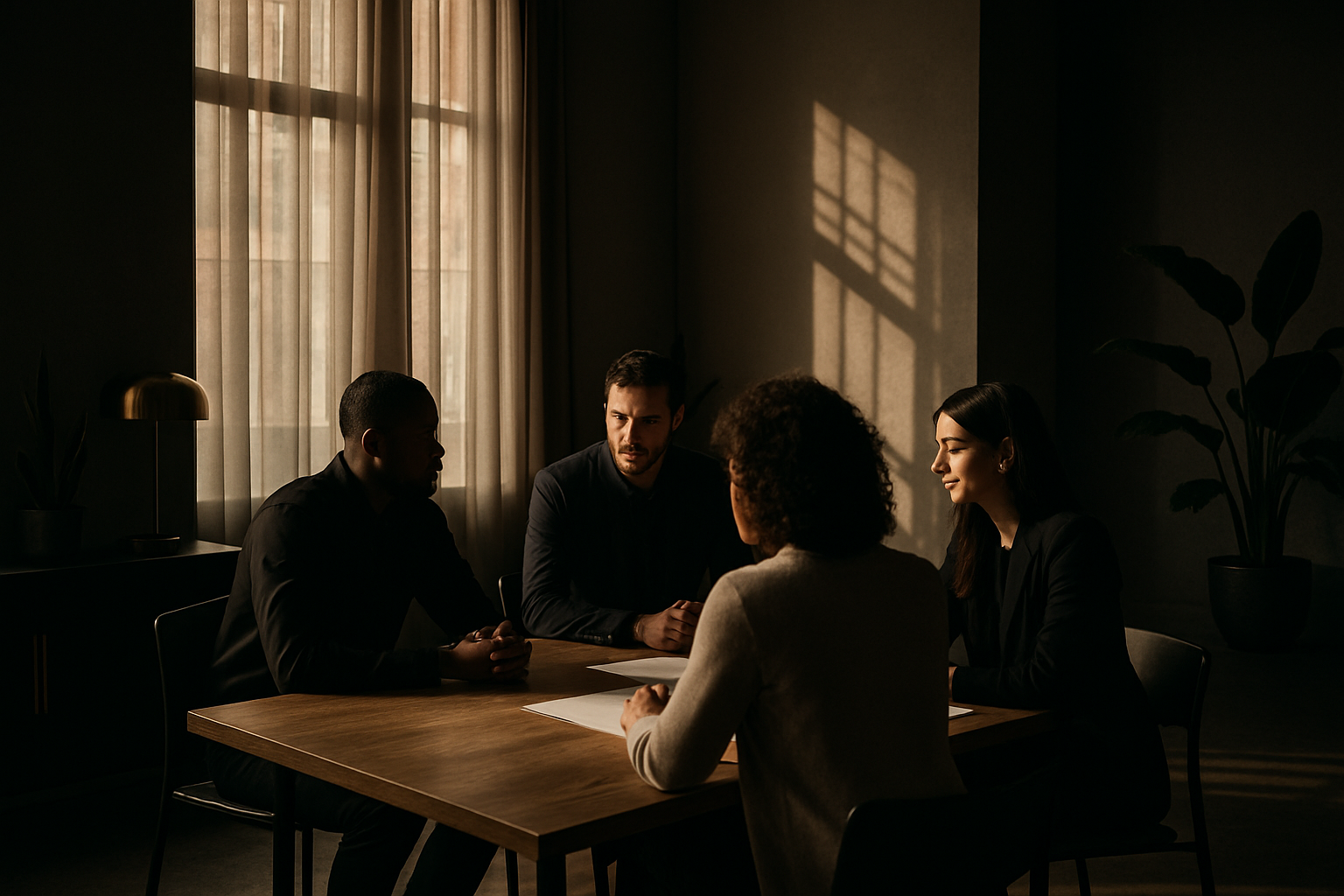 Diverse group discussing around a wooden table in a modern loft with warm natural light.