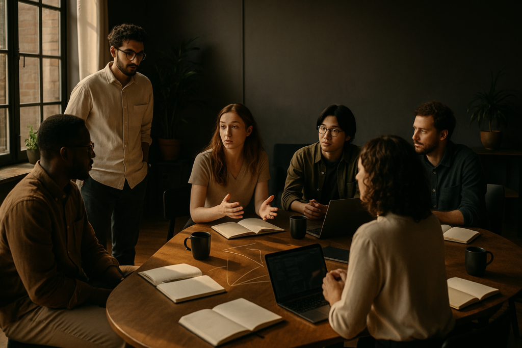 Diverse group discussing around notebooks and laptops in a warm, modern co-working loft.
