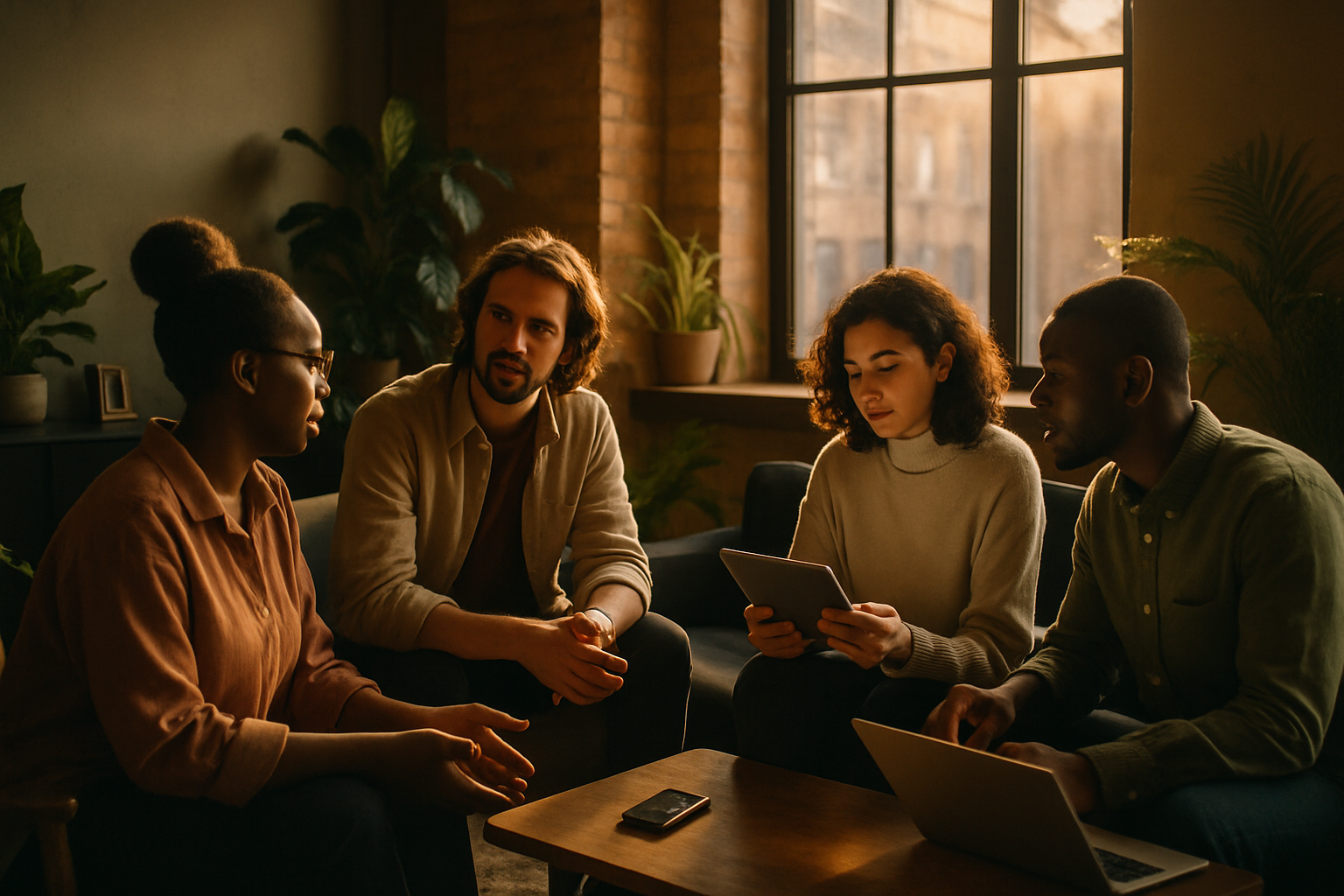Diverse group in a modern loft sharing focused, connected moments with screens and open body language.