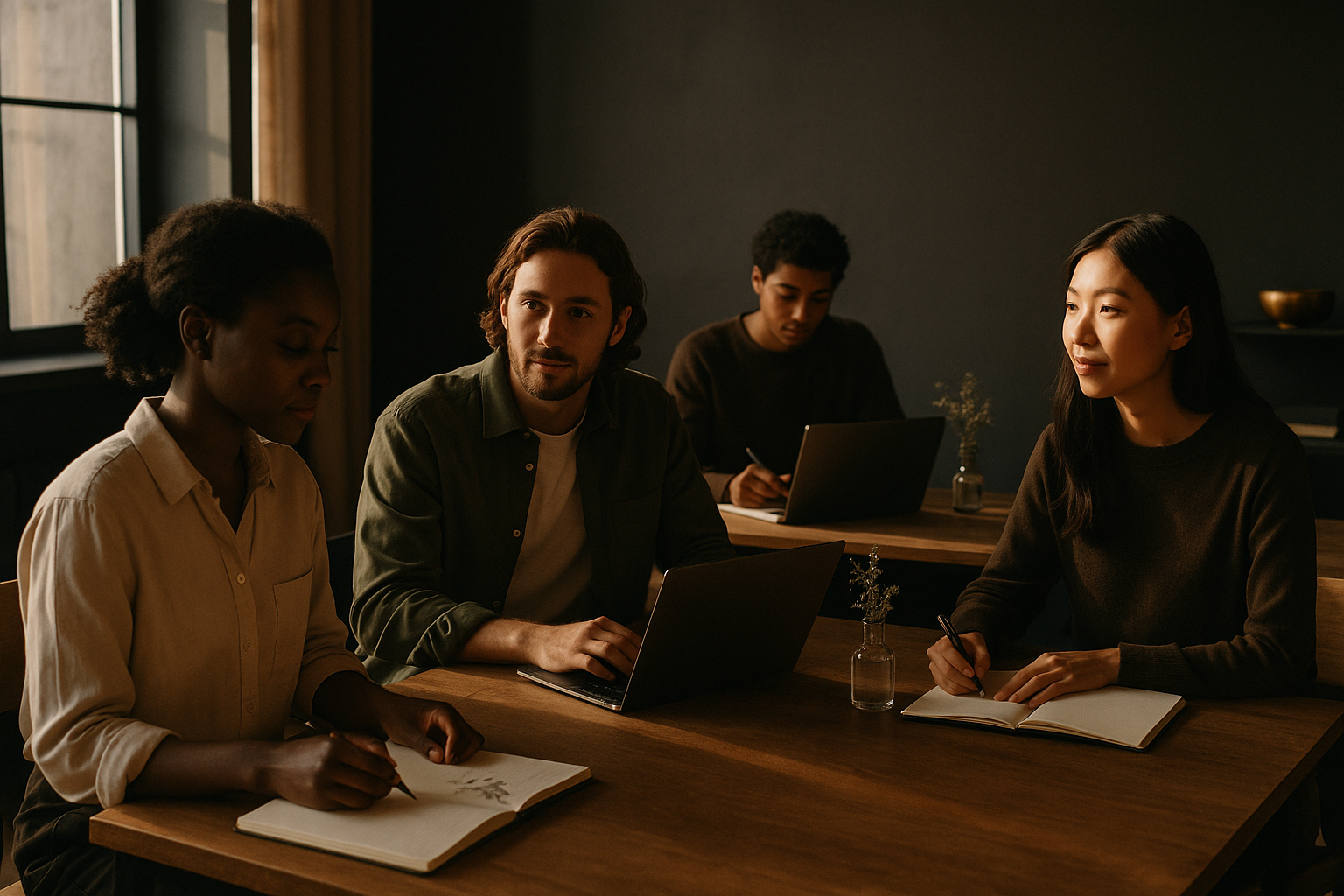 Diverse group working collaboratively in modern loft with notebooks, laptops, and greenery.