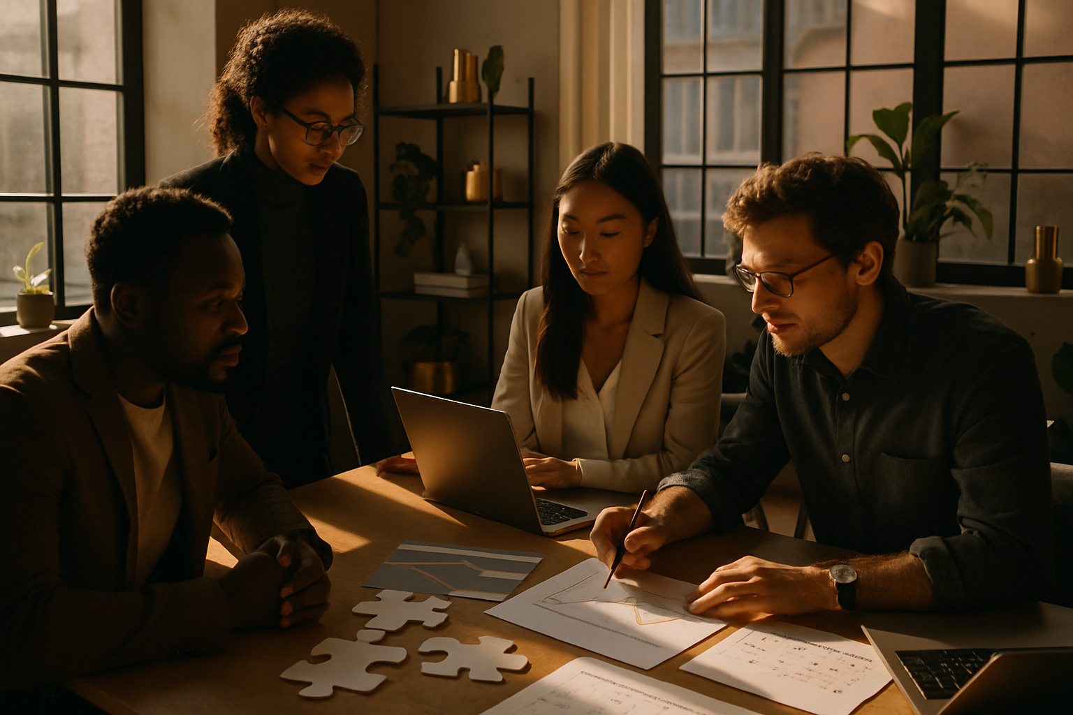 Diverse professionals collaborating around a wooden table in a modern, sunlit co-working space with plants and gold accents.