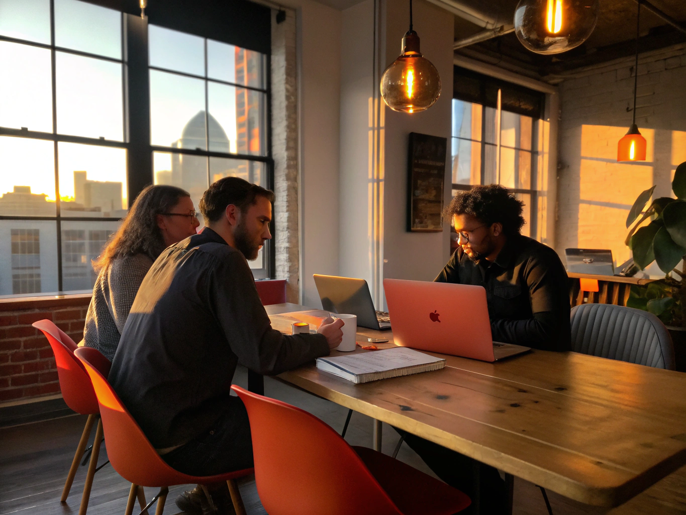 Diverse professionals discuss around a wooden table in a warmly lit modern co-working loft.