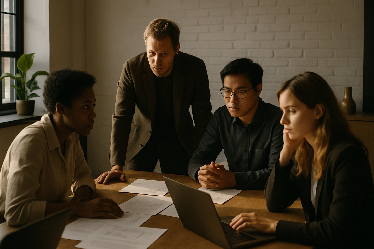 Diverse professionals discuss around papers and laptops in a warm, modern co-working loft.