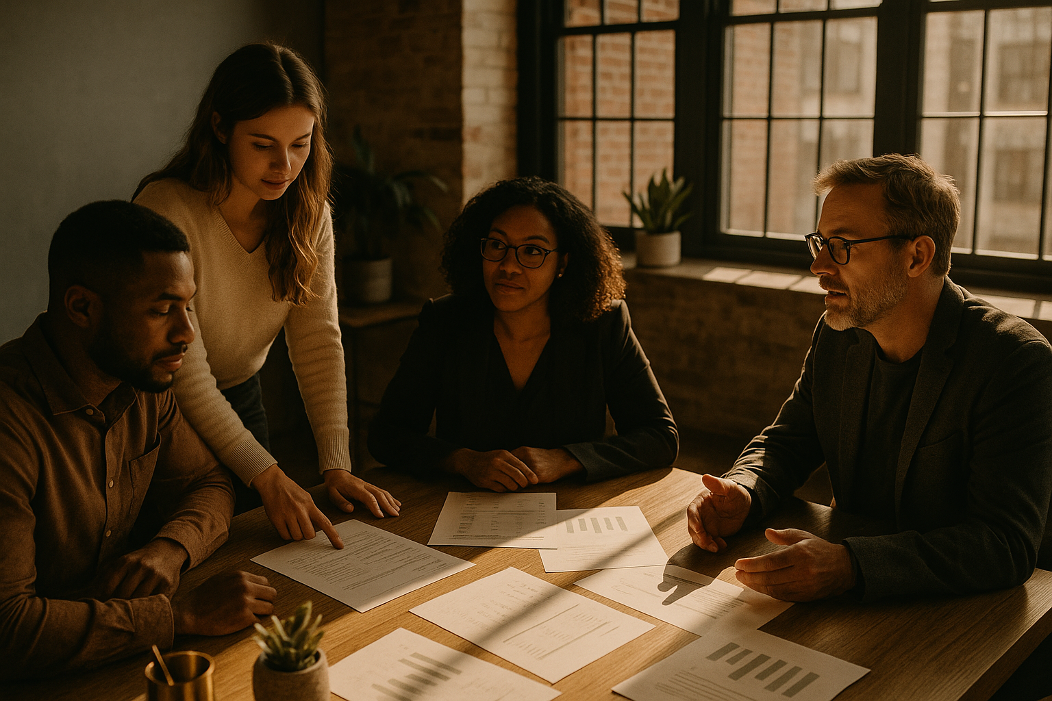 Diverse professionals discuss papers around a wooden table in a modern loft with warm natural light.