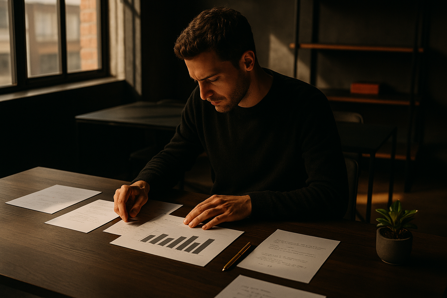 Focused individual arranging notes and charts at a sleek, modern co-working loft desk.