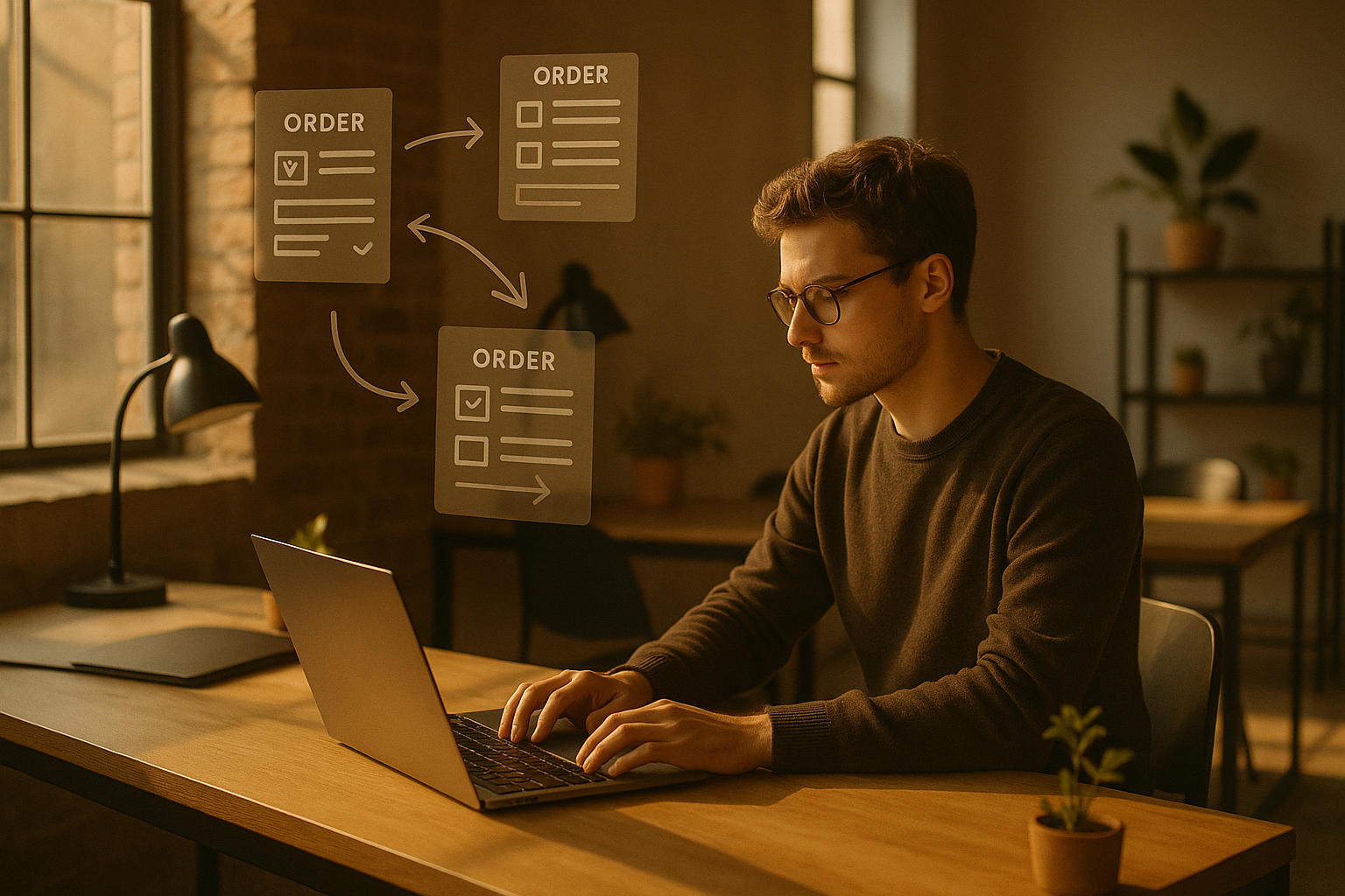 Focused individual at sleek desk amid floating digital forms in modern loft with warm lighting and plants.