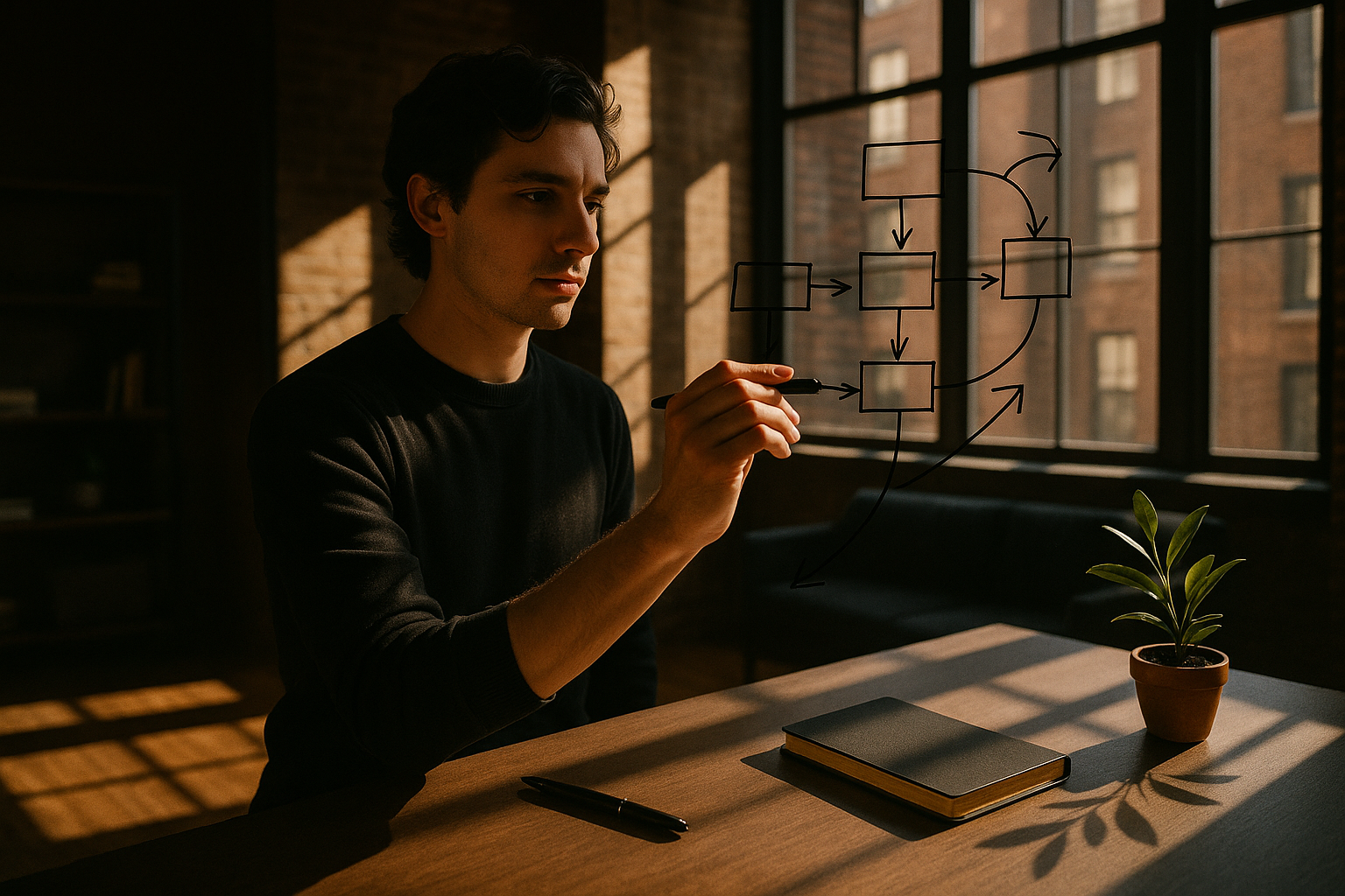 Focused individual sketching abstract flowcharts on glass in sunlit modern loft.