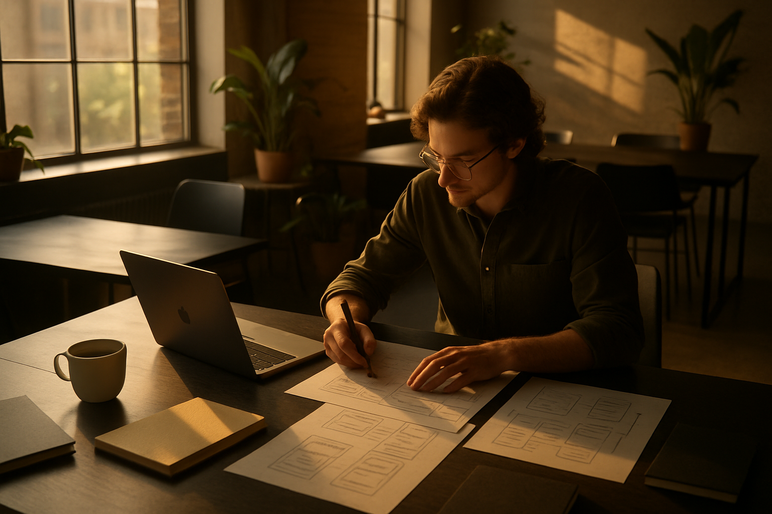 Focused individual sketching flowcharts in a modern, sunlit co-working loft with workspace details.