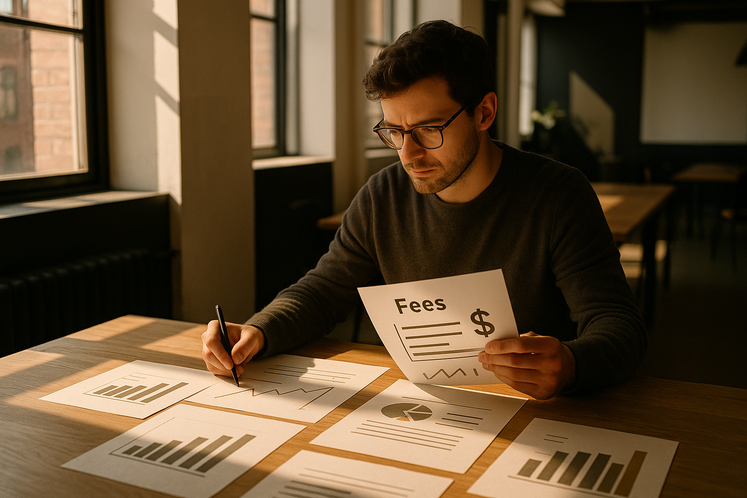 Focused individual studying charts and graphs in a modern, warmly lit co-working loft.