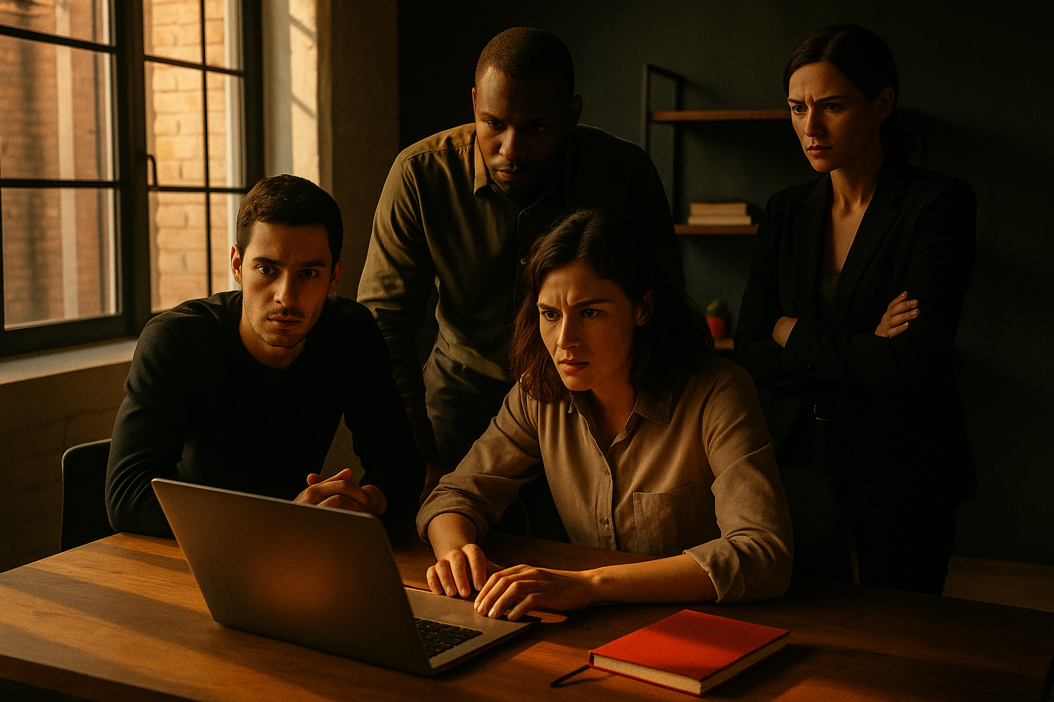 Focused individuals in a modern loft workspace with warm lighting, deep shadows, and alert colors.