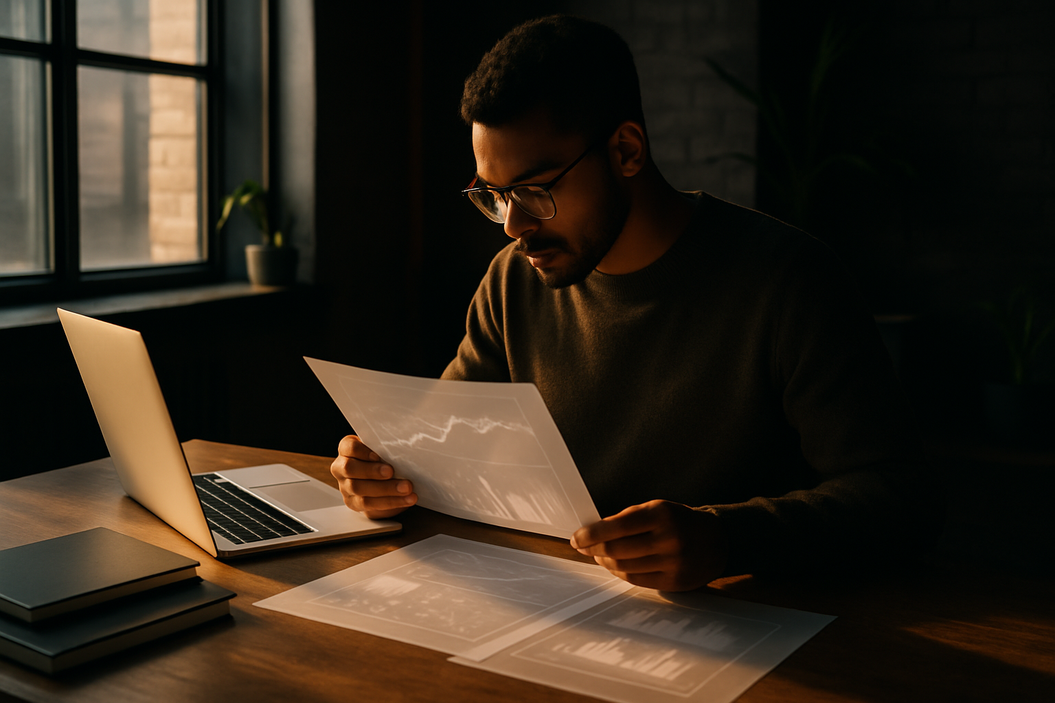 Focused person analyzing data overlays on a wooden table in a modern, softly lit co-working loft.
