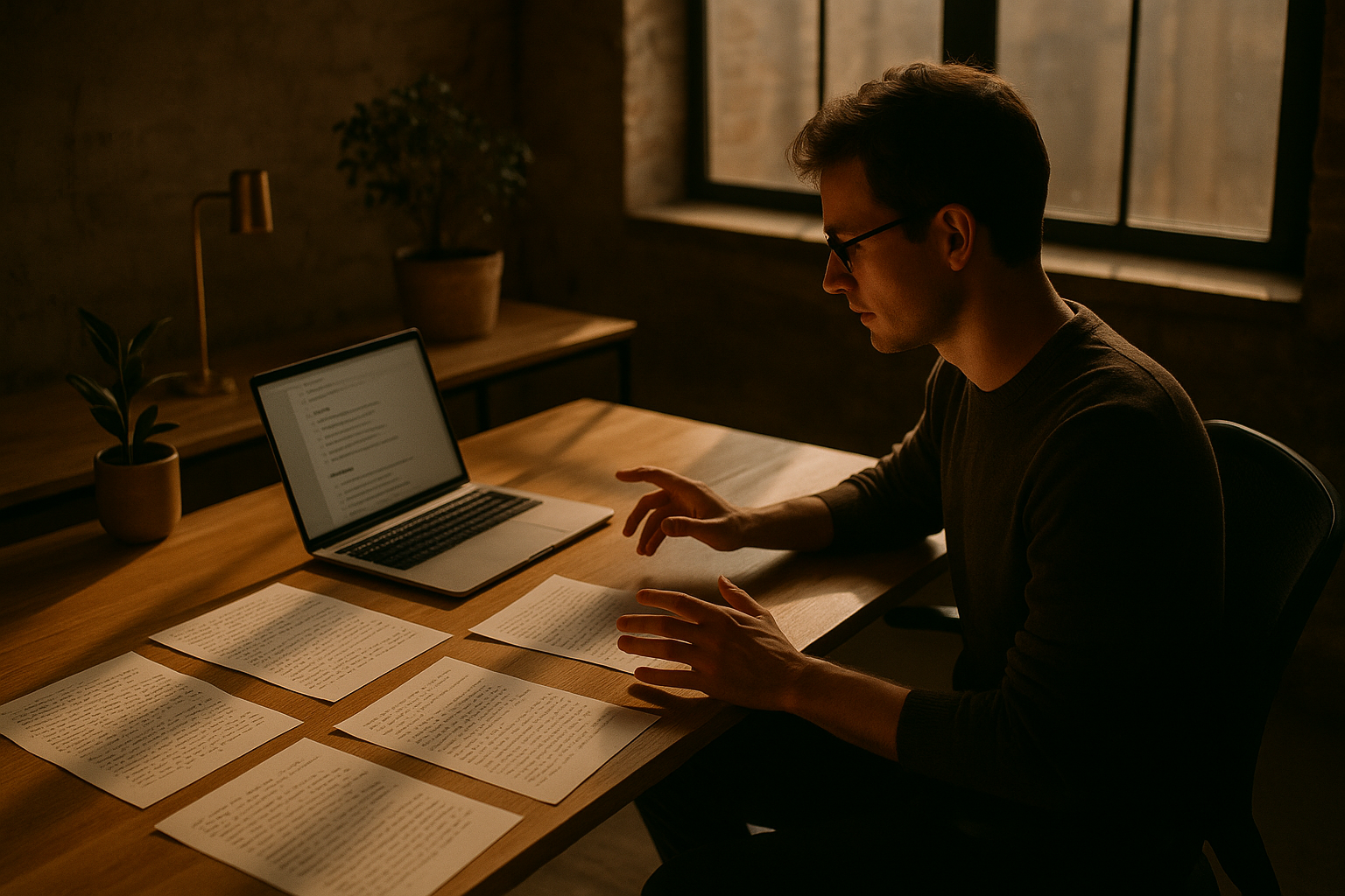 Focused person at desk with handwritten notes and laptop in a warm, modern loft setting.