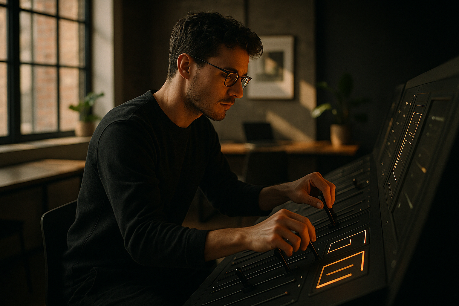 Focused person in minimalist loft interacts with glowing interfaces amid warm, earthy tones and subtle decor.