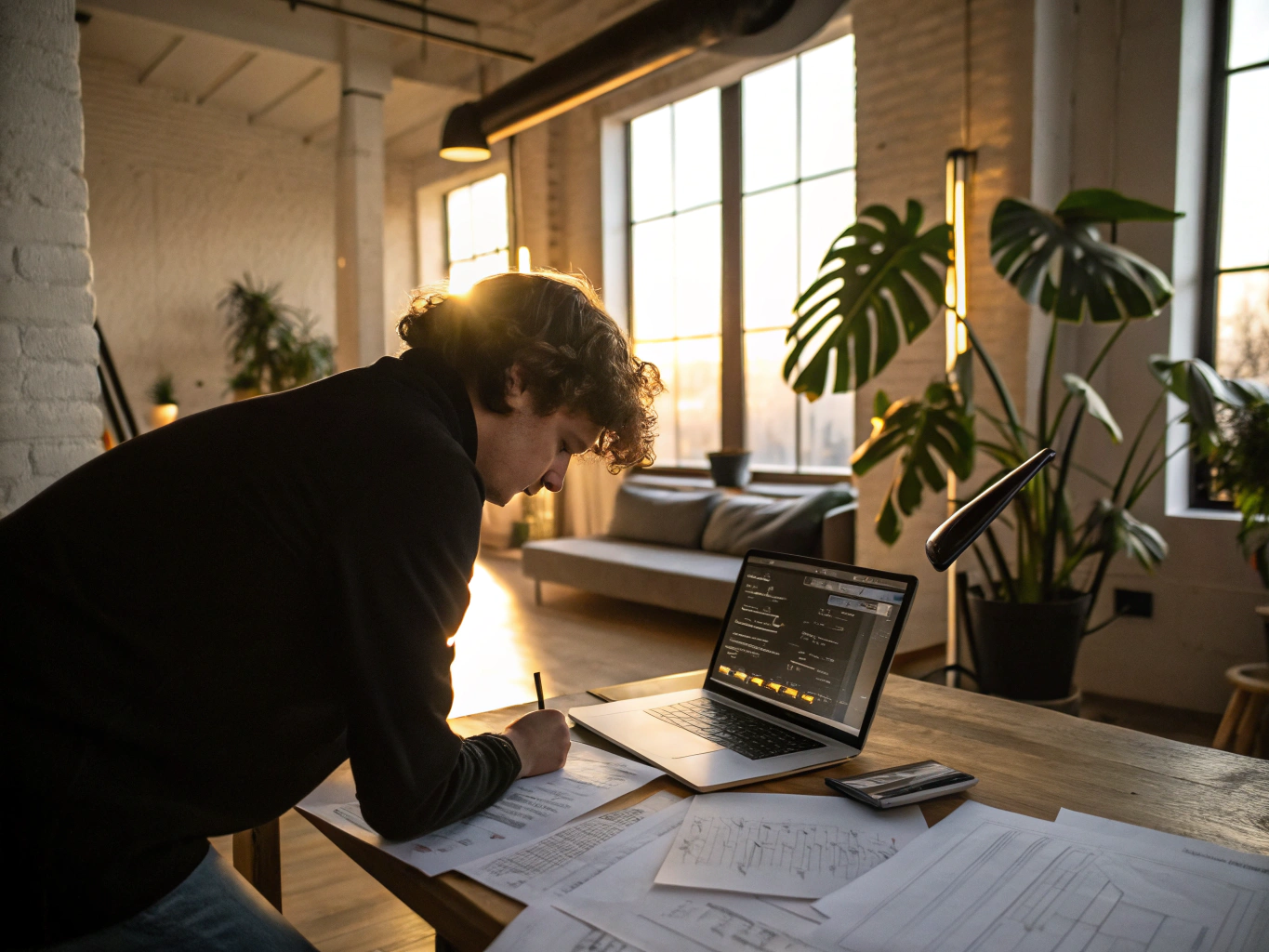 Focused person reviewing graph paper and data visualizations in a modern, well-lit loft.