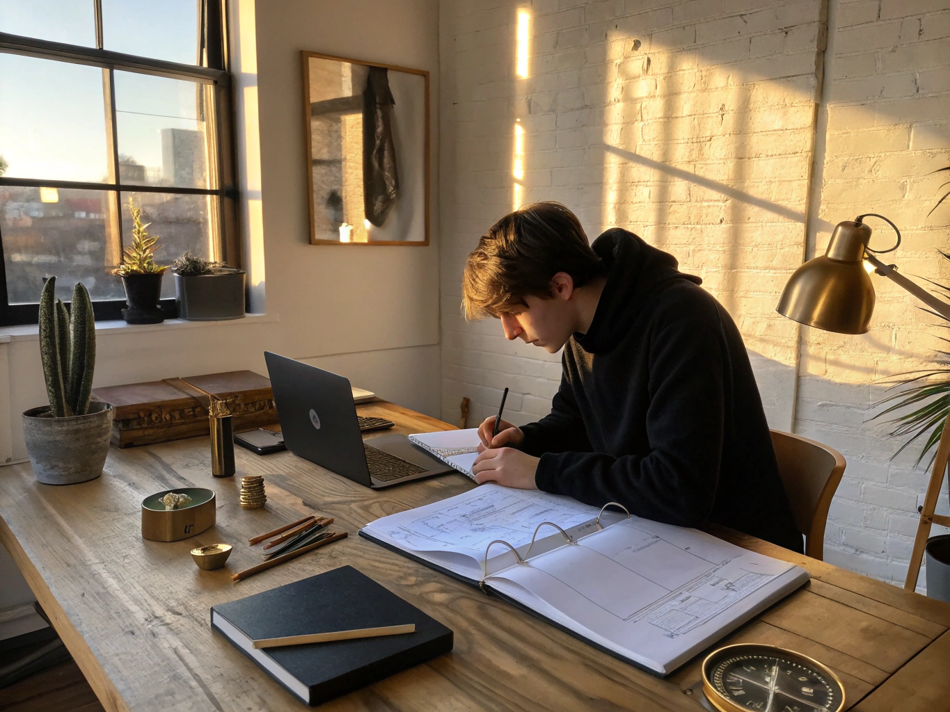Focused person working at a wooden desk with sketches and tools in a bright loft.